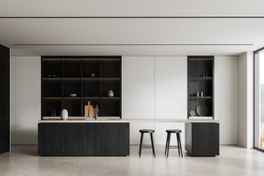 Karanlık ahşap dolapları, beton yüzeyleri olan çağdaş mutfak tasarımı ve temiz bir açık alanda minimum dekor modern iç güzelliği sergiliyor. 3B Hazırlama