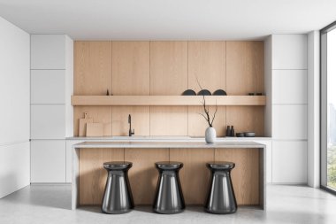 Modern mutfak içi hafif ahşap dolaplar, parlak beton tezgah, minimalist tarzda heykeltraş tabureleri, parlak gün ışığı arka planı. 3B Hazırlama