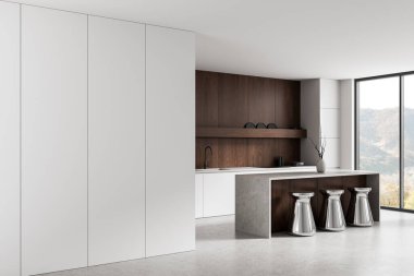 Gösterişli modern mutfak iç mimarisi, boş beyaz duvar ve temiz düzen, ahşap paneller ve beton dokuların birleştirilmesi, poster veya tasarım modeli için ideal. 3B Hazırlama