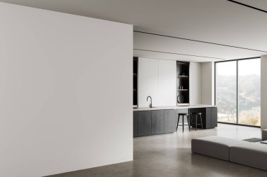 Modern mutfak içinde boş beyaz duvar, temiz tasarım, minimalist ışık arka planı ve poster modeli veya tasarım sunumu için beton zemin. 3B Hazırlama