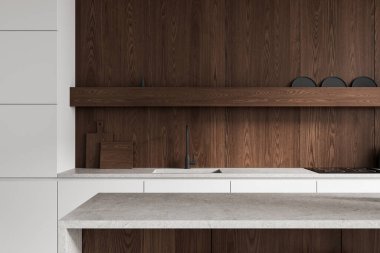 Çağdaş mutfak iç mimarisi beyaz dolaplar, desenli beton tezgah, ve koyu tahta panel duvar, ürün modeli veya masa görüntüsü için idealdir. 3B Hazırlama