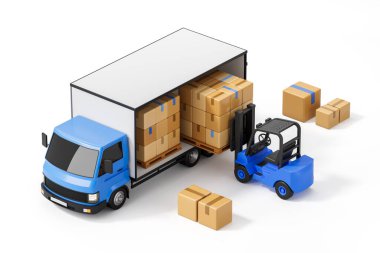 Mavi teslimat kamyonu forklift ile karton kutularla dolduruluyor, 3D tasarım stili, beyaz arka planda izole edilmiş, lojistik ve ulaşım kavramı