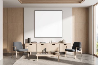 Ahşap paneller, minimalist mobilyalar, temiz planlar ve duvarda yumuşak ışıklandırma ile çağdaş iç mekanlarda boş poster modeli. Tasarım kavramı. 3B Hazırlama