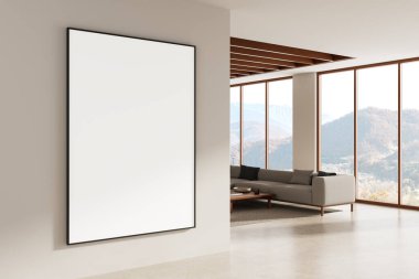 Duvardaki büyük boş poster çerçevesi modern oturma odasının iç dekorasyonu, gerçekçi 3D görüntüleme, doğal dağ manzarası, tasarım görüntüleme konsepti.