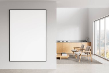 Modern iç mekanda, tahta sandalyeli ve pencereli boş duvarda boş bir poster tasarım sunumu için minimalist bir düzen. 3B Hazırlama