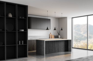 Çağdaş minimalist mutfak, gösterişli dolaplar, kolye ışıkları ve açık arkaplanda orman tepelerini gösteren geniş bir pencere. 3B Hazırlama