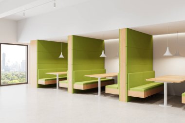 Yeşil kabin oturma yerleri, ahşap aksanları, tarafsız bir arkaplanda beyaz kolye ışıkları, asgari ofis salonu kavramı olan modern bir mekanın iç görünüşü. 3B Hazırlama