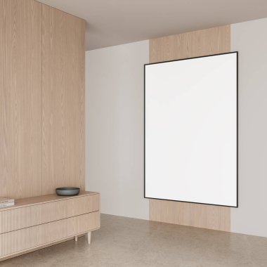 Ahşap duvarda ince çerçeveli boş poster modeli açık modern iç tasarım, minimal temiz tasarım konsepti, sunum için 3D Rendering