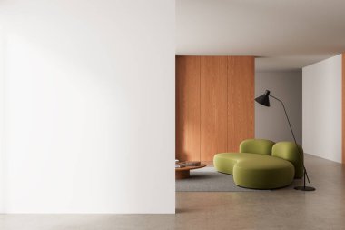 Minimalist iç mekan, boş beyaz duvar modeli, modern düzen, yeşil kanepe, ahşap paneller, temiz tasarım ve doğal ışık. 3B Hazırlama