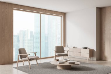 Minimalist oturma odası, iki koltuk, sehpa ve açık ahşap tonlarda büfe, poster modeli için boş duvar, üç boyutlu tasarım, temiz düzen.