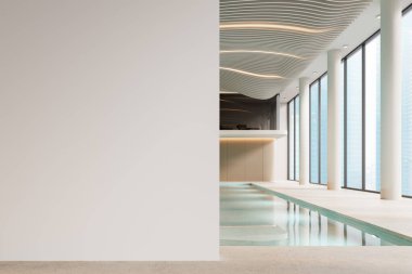 Modern havuzu olan boş beyaz duvar modeli, temiz mimari tarzı, parlak arka planı, poster için konsepti ya da çerçeveli sanat düzeni. 3B Hazırlama