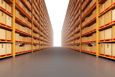 Mukavva kutularla dolu sonsuz depo rafları, 3D tasarım tarzı, temiz gri zemin ve beyaz arka plan, lojistik ve depolama konsepti