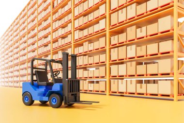 Depoda mavi forklift, turuncu raflarda karton kutularla dolu, 3D tasarım stili, sarı zemin ve beyaz zemin, lojistik konsept