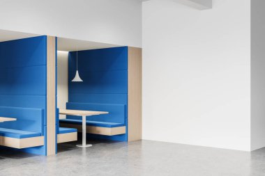 Mavi yastıklı paneller, kolye ışığı ve boş beyaz duvar arkaplanı olan modern kabin manzarası. Temiz mizansen görüntüleme konsepti. 3B Hazırlama