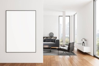 Geniş pencereli ve minimal mobilyalı parlak modern bir oturma odasındaki beyaz duvara boş poster modeli, 3D oluşturma, tasarım sunumu