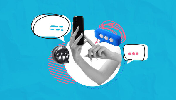 Женщина держит смартфон с различными стилизованными пузырьками чата вокруг нее, современный стиль коллажа на ярко-синем фоне, концепция обмена сообщениями