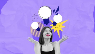 Uçan ampullerle düşünen bir kadın, soyut yaratıcı tarzda, buruşuk mor arka planda. Beyin fırtınası ve yenilikçi fikirler kavramı