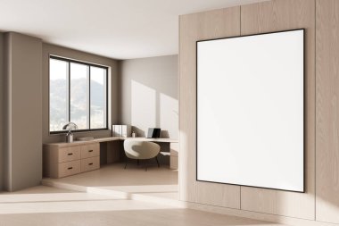 Boş poster modeli ahşap duvarda modern bir ofis, minimalist dekor, doğal ışık, 3D tasarım, çalışma alanı tasarımı konsepti