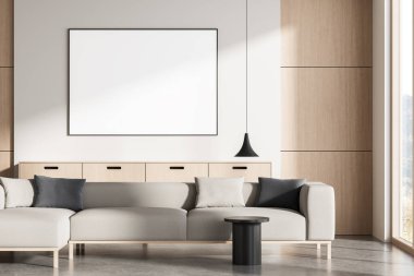 Çağdaş oturma odası, temiz beyaz duvarda boş poster modeli, minimalist mobilyalar ve yumuşak ışıklandırma. Tasarım düzeni kavramı. 3B Hazırlama