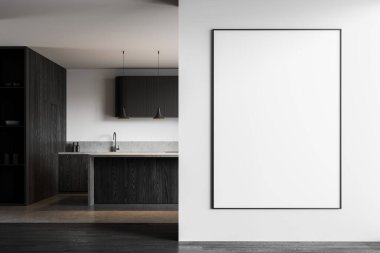 Modern mutfak iç mimarisi, temiz beyaz duvarda büyük bir dikey boş poster modeli, gerçekçi 3D tasarım, iç tasarım şablonu konsepti