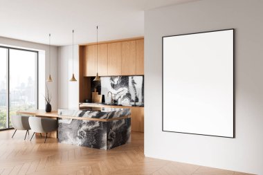 Ahşap dolaplar, mermer adalar ve ringa kemiği zeminiyle modern mutfak mutfağında beyaz duvarda boş bir poster modeli. 3B Hazırlama