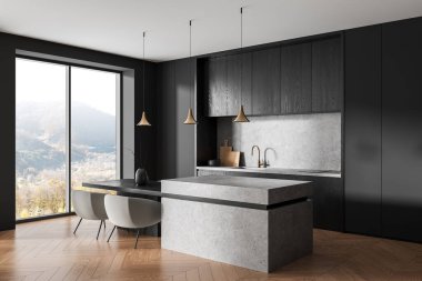 Matte kömür dolapları, gri taş ada, ahşap zemin, büyük pencere ve kolye ışıklarıyla çağdaş mutfak içi. 3B Hazırlama