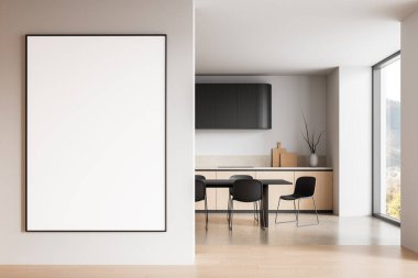 Modern iç mekanda, temiz mutfak ve yemek alanı, en az mobilya, aydınlık duvarlar ve doğal ışık olan büyük boş poster modeli. 3B Hazırlama