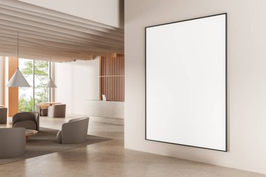 Boş dikey poster modeli bej duvarda asılı yumuşak oturma odası, ahşap dekor ve doğal ışık. 3B Hazırlama