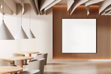 Süslü kafenin iç tarafında, kolye ışıkları, yuvarlak masalar ve eğri sandalyeli ahşap duvarda asılı boş bir poster modeli. 3B Hazırlama