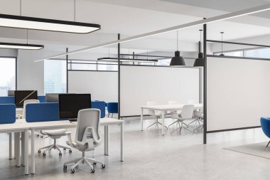Çalışma istasyonları ve toplantı alanı ile çağdaş açık ofis, minimal mobilya tarzı, parlak bir şirket ortamı, 3D Rendering