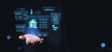 Koyu arkaplanda parlayan mavi grafik tarzında, yaratıcı dijital mülk yönetimini sembolize eden, yüzen bir emlak analizi simgesi.