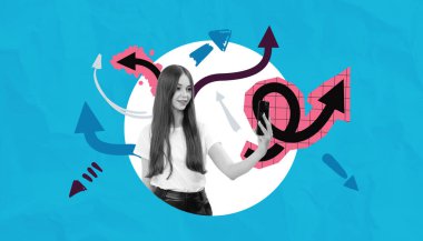 Genç bir kadın renkli oklar ve soyut şekillerle çevrili bir selfie çekiyor, parlak mavi arka planda kolaj tarzında, karar vermeyi sembolize ediyor.