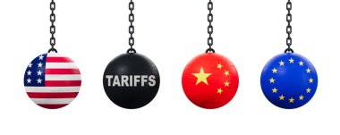 Zincirlerde asılı ABD, gümrük vergileri, Çin ve AB bayrakları, beyaz arka planda izole edilmiş, küresel ekonomik çatışmayı sembolize eden dört adet 3D yıkım topu, 3D