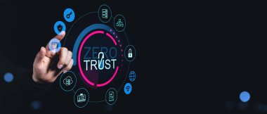 Dairesel düzende parlayan dijital simgelerle sıfır güven siber güvenlik arayüzünü işaret ederek, güvenlik konsepti için koyu arkaplan üzerinde yaratıcı tasarım