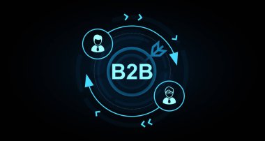 Dijital insan kullanıcı simgeleriyle B2B iş kavramı, fütüristik ışıltı tarzı, koyu eğimli arka plan. İş iletişimi kavramı. 3B Hazırlama