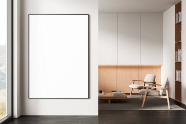 Boş çerçeveli poster modeli. Temiz modern iç mekan. Hafif ahşap mobilyalar, nötr tonlar ve duvar rafları. 3B Hazırlama