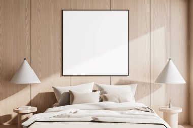 Zarif yatağın üstündeki ahşap duvara asılı boş poster modeli tarafsız yatak ve yastıklar, her iki tarafında kolye ışıkları. 3B Hazırlama