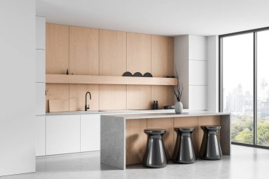 Modern mutfak, ahşap kabin ve minimalist adayla aydınlık bir apartman manzarası olan parlak tabureleri ile. 3B Hazırlama