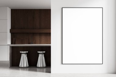Ahşap duvar panelleri, metal tabureler ve beyaz arkaplan ile modern mutfak içinde boş dikey poster modeli. Temiz tasarım kavramı. 3B Hazırlama