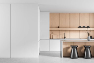 Pürüzsüz beyaz dolaplı modern mutfak, doğal ahşap kaplama ve parlak nötr bir arka plan üzerine kurulmuş minimalist ada tasarımı. 3B Hazırlama