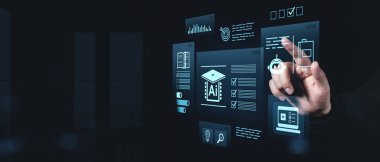 Şeffaf dijital arayüzle el etkileşimi yapay zeka eğitim ikonları, modern düz grafik tarzı, koyu arkaplan, e-öğrenme teknolojisi konsepti
