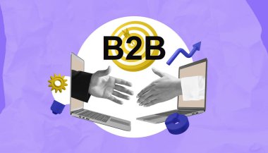 B2B ortaklığını sembolize etmek için laptoplardan uzanan iki el, buruşuk mor arka planda dişli, hedefli ve ok simgeleriyle