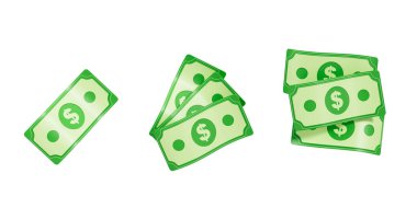 Farklı banknotlar halinde üç set yeşil çizgi film banknotları, parlak grafik tarzı, beyaz arka planda izole edilmiş, para büyümesi ve finans kavramı. 3B Hazırlama