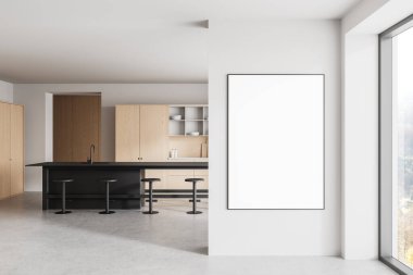 Modern mutfak iç dekorasyonunda beyaz duvara ahşap dolaplar ve ada, 3 boyutlu tasarım, tasarım sunumu konsepti