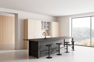 Karanlık ada ve tabureler, minimalist ahşap dolaplar, büyük pencereler ve doğal ışıklandırma ile süslü mutfak iç tasarımı. 3B Hazırlama