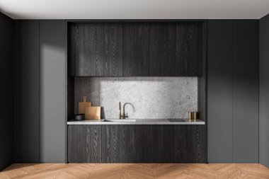 Koyu renk ahşap dolaplı şık mutfak, hafif taş arka kaplama, ve pirinç aksanlı 3 boyutlu rendelendirme tarzı, tarafsız iç dekorasyon, zarif modern tasarım konsepti
