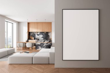 Mobilyaları, ahşap mutfağı ve mermer arka sıçraması olan şık bir oturma odasındaki gri duvarda boş dikey poster modeli. 3B Hazırlama