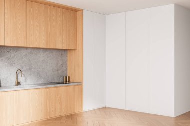 Ahşap dolaplı minimalist mutfak, mermer kaplama ve ahşap zemin zemininde boş beyaz duvar. Duvar modeli ya da poster görüntüsü kavramı. 3B Hazırlama