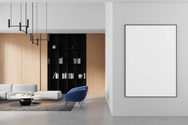 Çağdaş oturma odası. Temiz duvarda, modern mobilyalarda ve ahşap kitaplıkta boş dikey posterler var. 3B Hazırlama