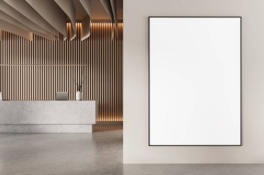 Modern resepsiyon alanında tahta kaplama panelli, dekoratif tavanlı ve minimalist masalı bej duvarda boş bir poster modeli. 3B Hazırlama